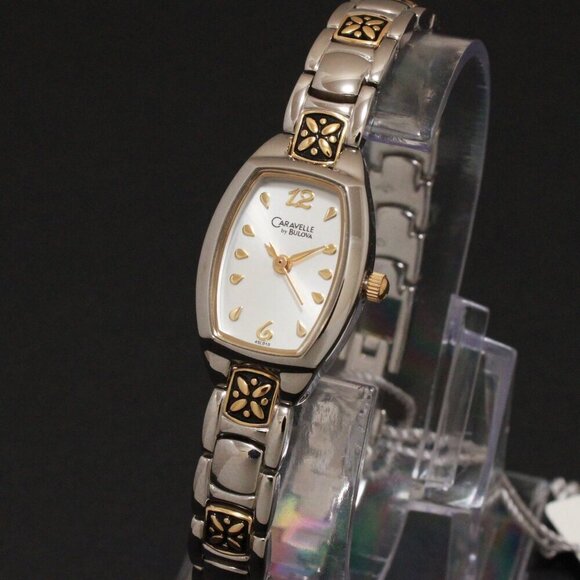 Caravelle Ladies Casual Quartz Watch Two Tone Raised Floral Design 17mm - Picture 7 of 12